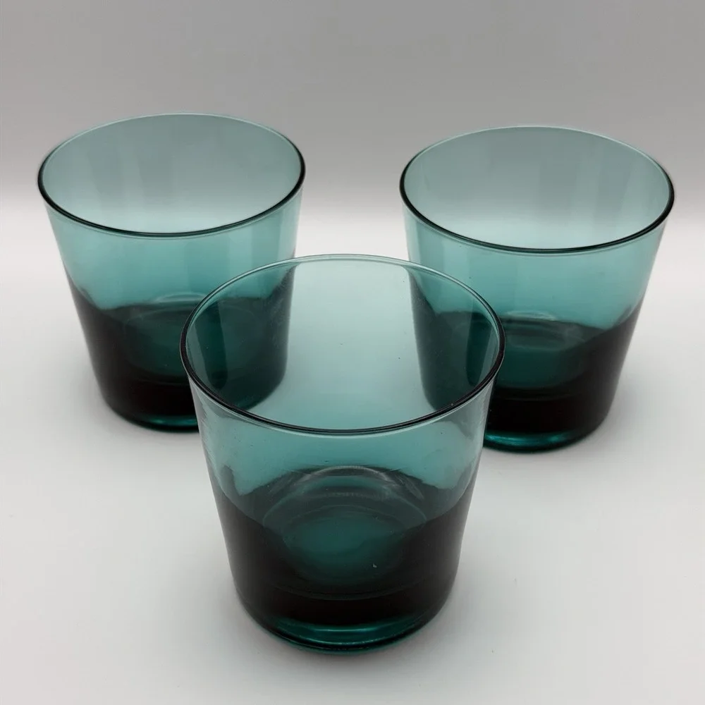 Set 3 Turquoise Teal Heavy Base Rocks Lowball Old Fashioned Glasses 3¼″ 70s Vtg